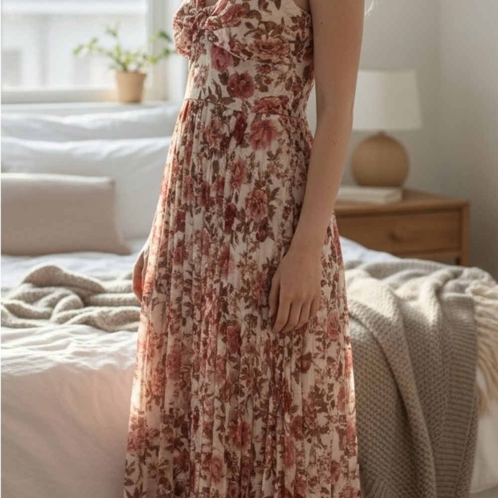 Francesca's Collections Pink and Cream Floral Maxi Dress